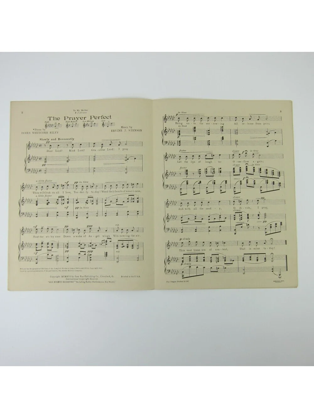 The Prayer Perfect Sheet Music James Whitcomb Riley Ervine Stenson Vintage 1930s